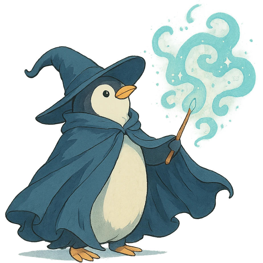 penguin wizard with a flowing cloak and magical aura emoji