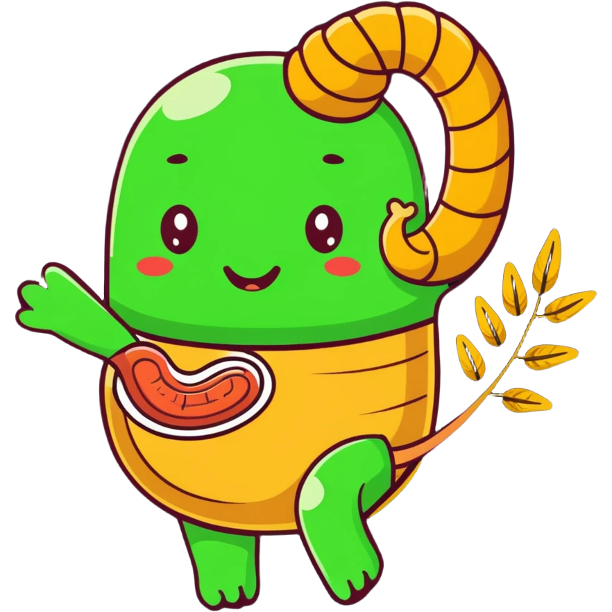 Cute simplified human digestive system with stomach and intestines, surrounded by golden wheat stalks and green leaves. Bright healing particles moving through the digestive tract emoji