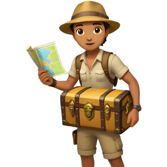 Icon for Adventure Movie: A vibrant, cinematic poster-style design featuring an action-packed scene. Include an adventurer with a map, a treasure chest, a jungle background, a towering mountain, and ancient ruins. Bright colors, bold typography, and an exciting atmosphere. Transparent background. emoji