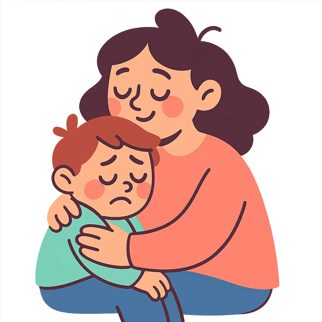 mother hugging a sad child, soft lines, pastel colors emoji