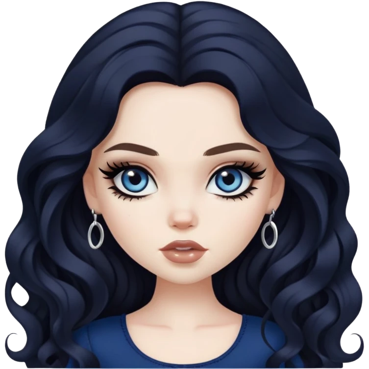 pretty bratz baddie, black eyeliner, pale skin, dark brown clong wavy hair, dark blue  eyes emoji