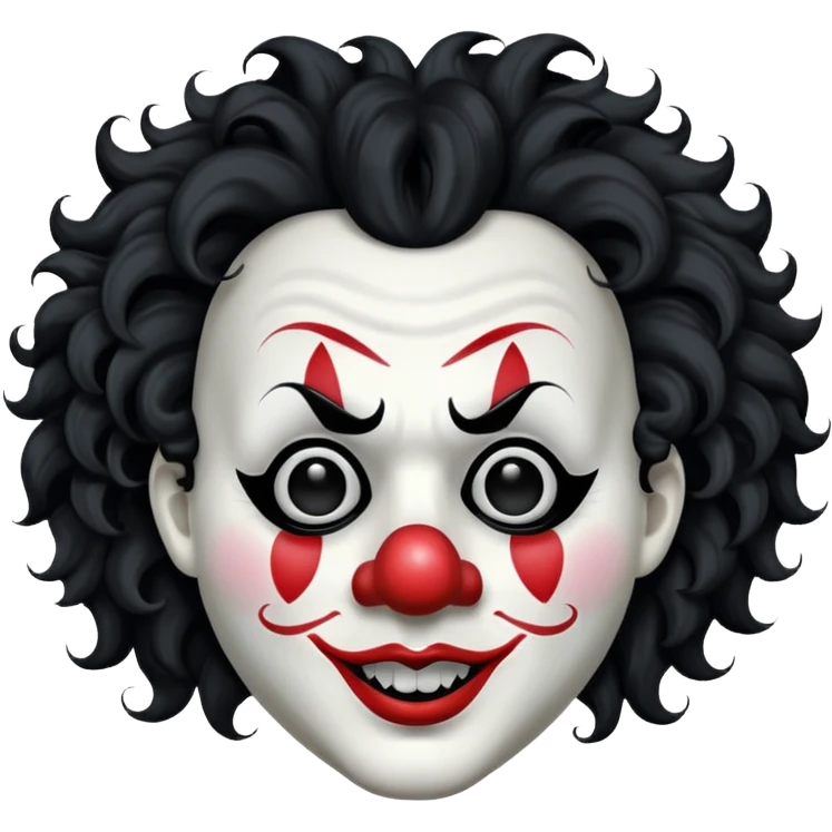 generate white clown mask emoji with a big curly black hair 

black coloured  lips and no teeth, no red nose but instead long and pointy white nose with no nostrils, pitch black eyes with no pupils, no brows emoji
