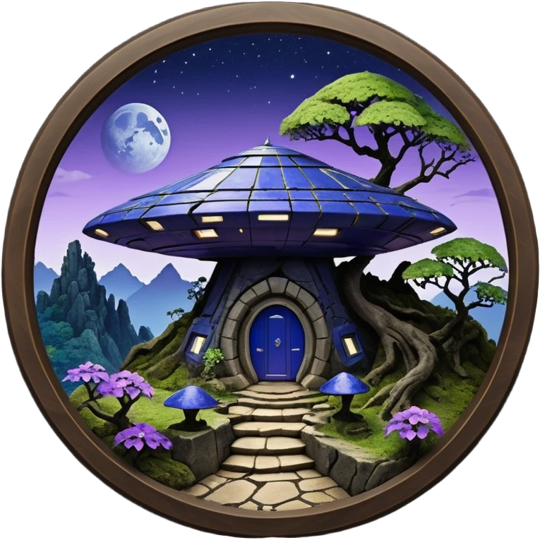 Crashed Alien saucer-castle jungle winding footpath mountainside getaway haunted nighttime landscape antique mudman very old broken cracked intricate Stone Age lapis-crusted irregular dodecagon-shaped shallow dark moss rough bark violet flowered maple treehouse bonsai emoji