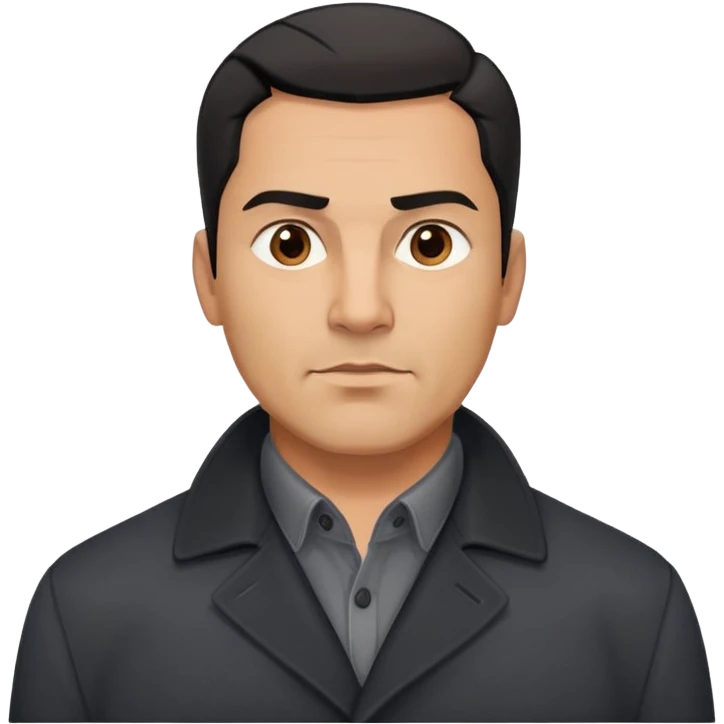 Strong built middle-aged Hispanic man with tan complexion, short black straight hair combed back with faded sides, square masculine face with defined jawline, wearing black coat and gray button-up shirt tucked in emoji