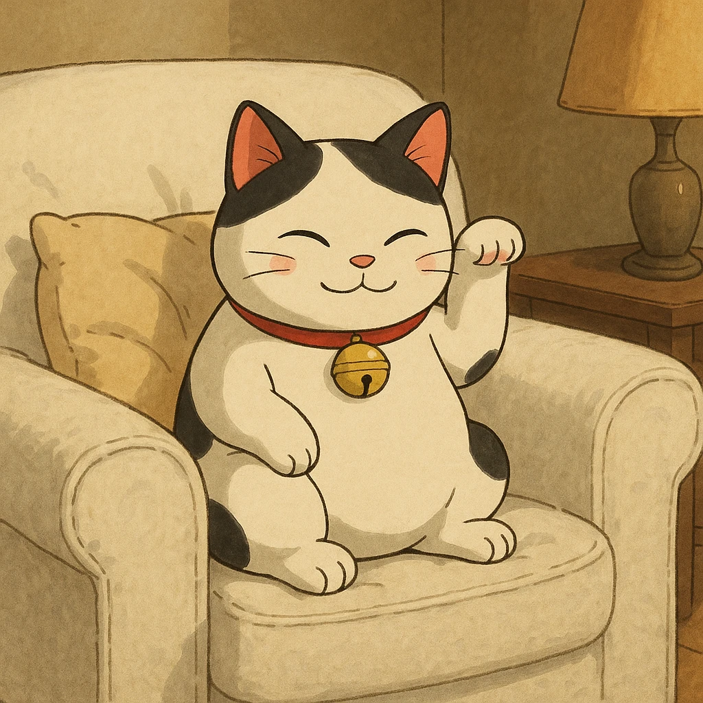 White and black Chinese lucky cat on a cozy white armchair  emoji