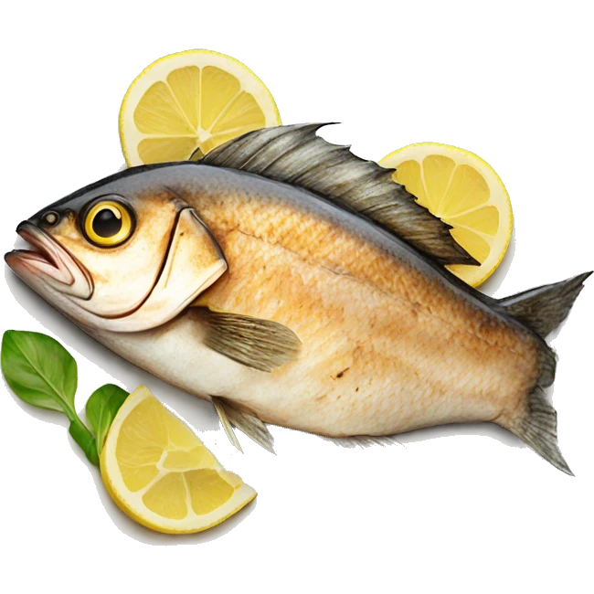 Realistic plated grilled fish on plate with lemon emoji
