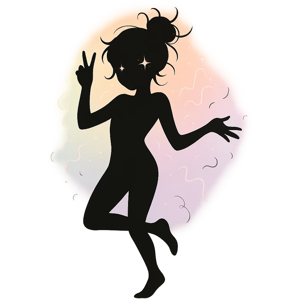 minimalist silhouette of a radiant, delicate figure with a soft pastel aura, a hint of sparkle in the eyes, and a graceful pose, exuding carefree charm and playful chaos emoji