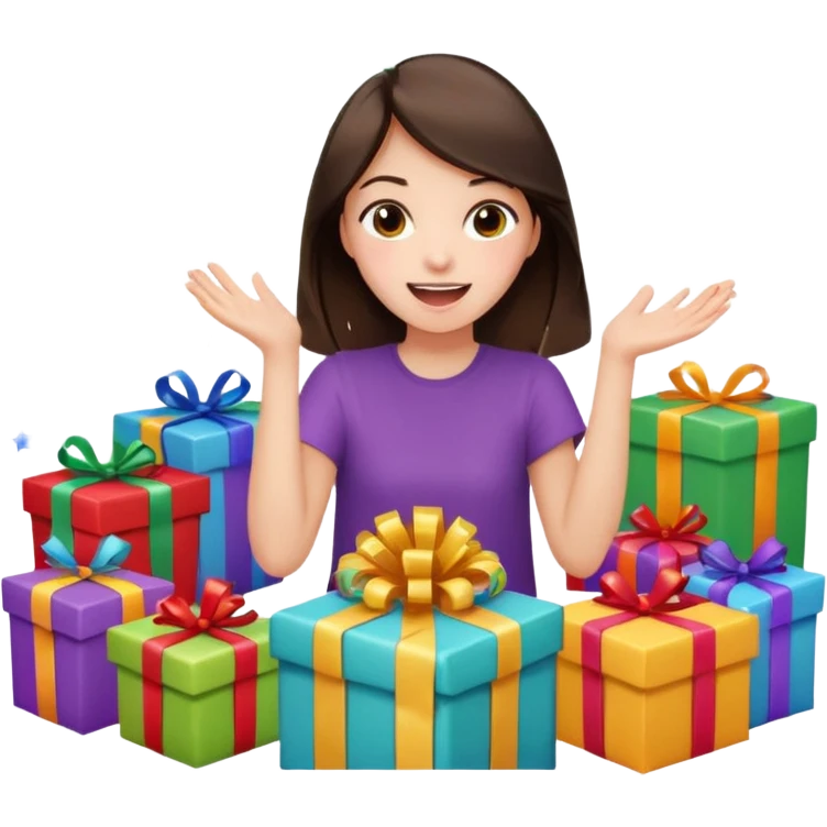 brunette girl opening birthday presents, excited, surrounded by gifts and streamers emoji
