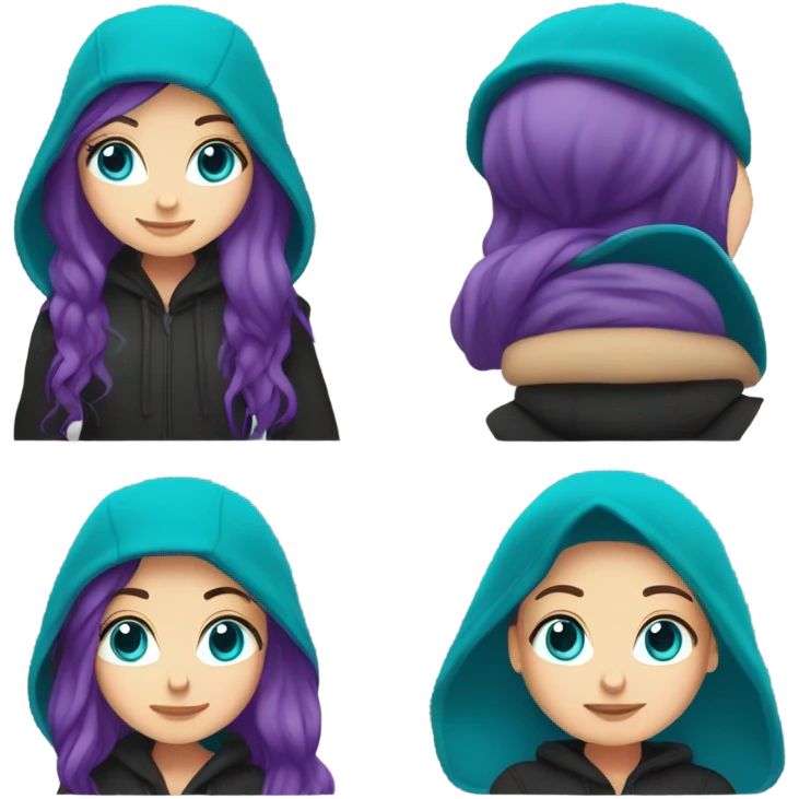 White girl, blue eyes, long teal hair, purple beanie hat, black hoodie, blue jeans, black shoes emoji