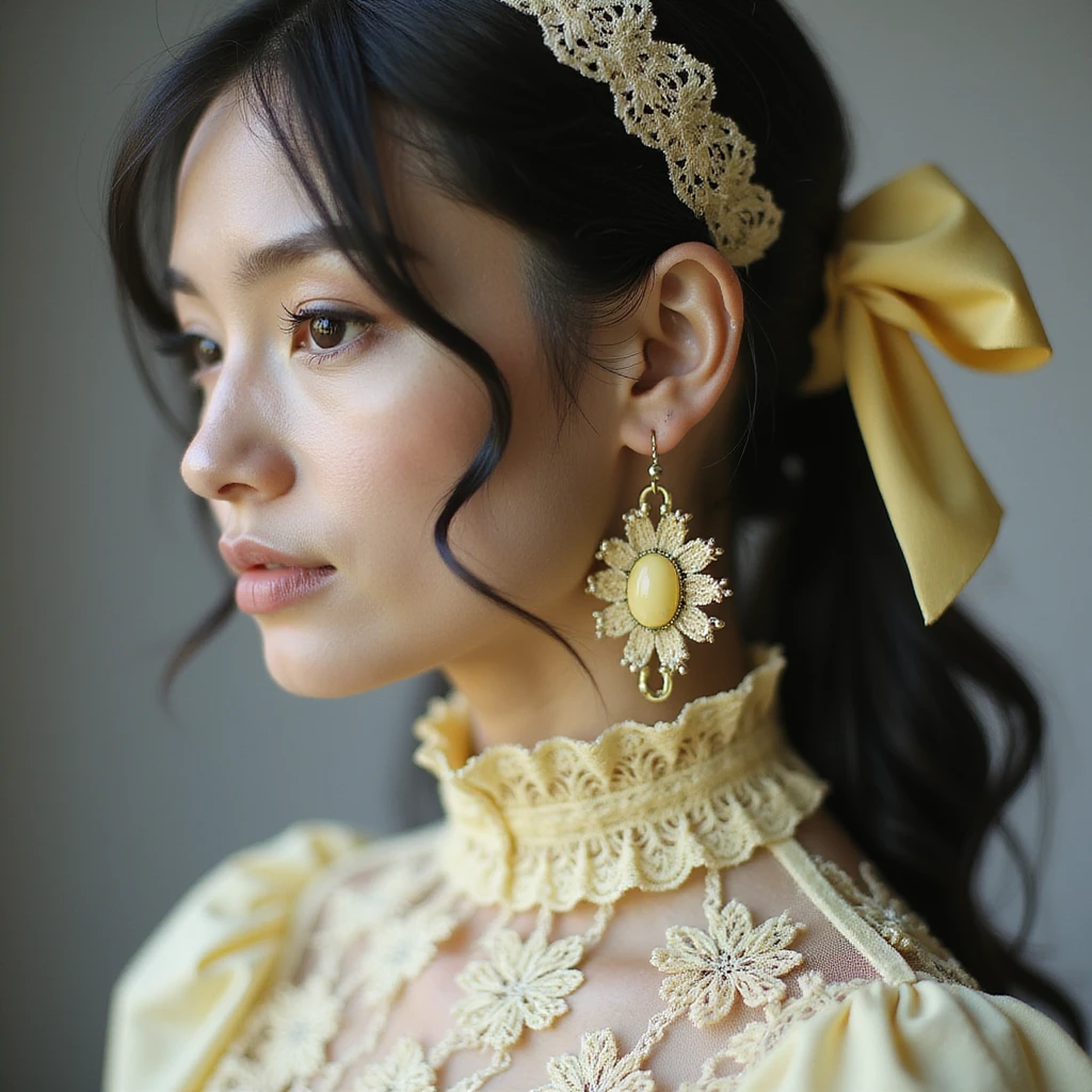 pastel yellow gothic bow and matching earrings, lace and velvet details, photorealistic style, transparent background, variation 1 emoji