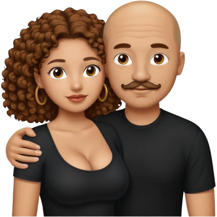 A mixed girl, the girl is wearing a black shirt, the girl has brown curly hair  and the girl has big boobs. A Mexican man is embracing her, with bald hair and a short boxed mustache  emoji