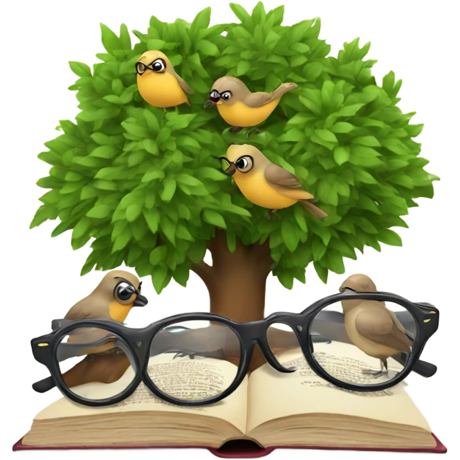 three birds in a tree but one of them using glasses and a book emoji