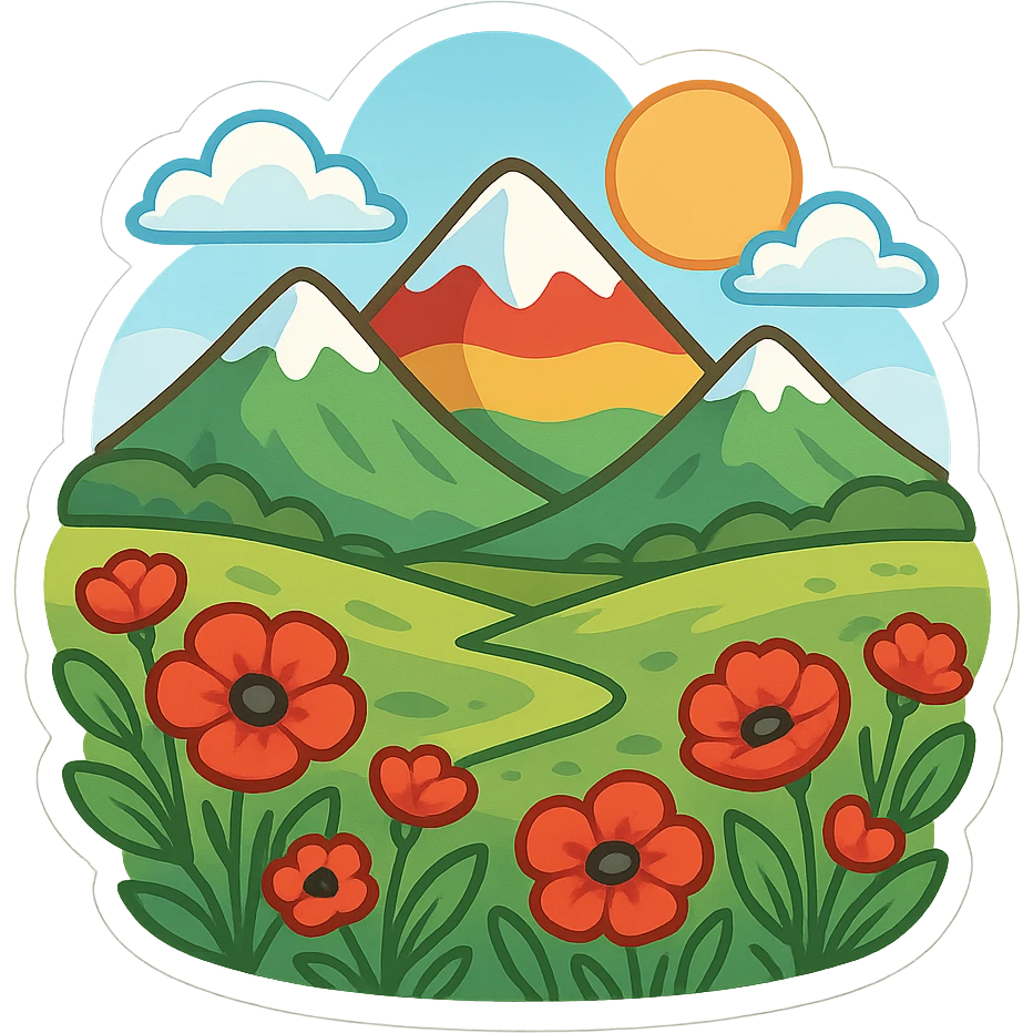 cartoon Kurdish sticker with mountain landscape and nature of Kurdistan including mountain, plain, and red poppy flowers, colorful and cheerful, no text, suitable for WhatsApp and Instagram emoji