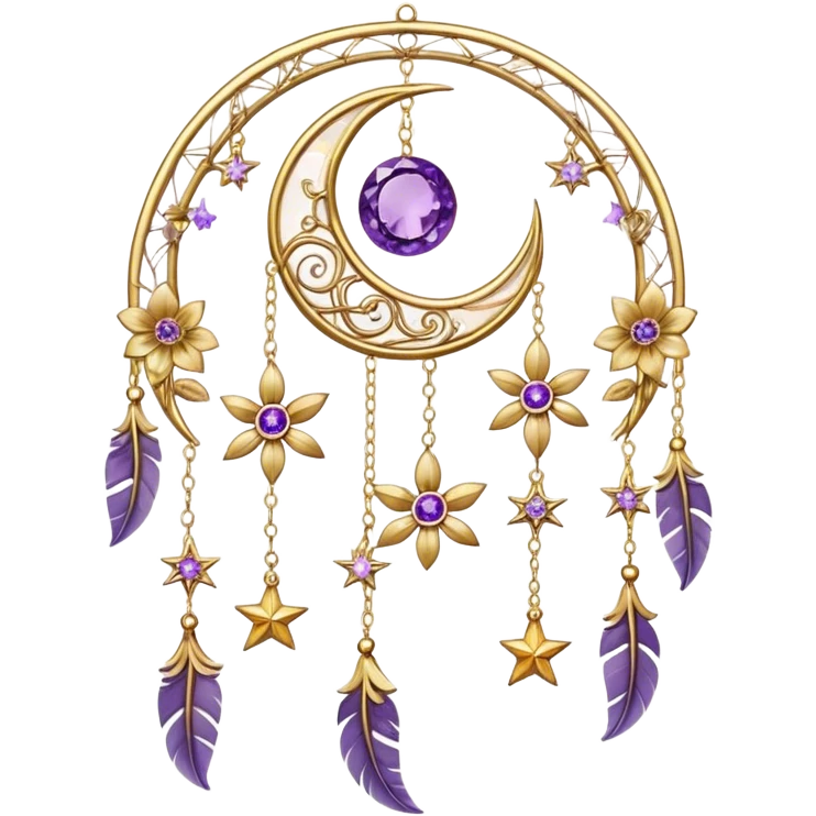 Epic beautiful gorgeous cute gold suncatcher, threads with shiny sparkly amethyst gemstones, flowers, crescents-moons, stars, gold Feathers  emoji