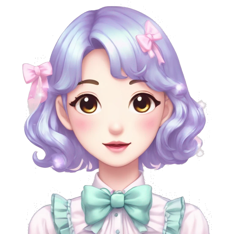 Gorgeous pastel anime style lady with blushing face with sparkly bow tie  cottagecore fairycore pastelcore shiny colorful pearly petite simplistic aesthetic trending style emoji