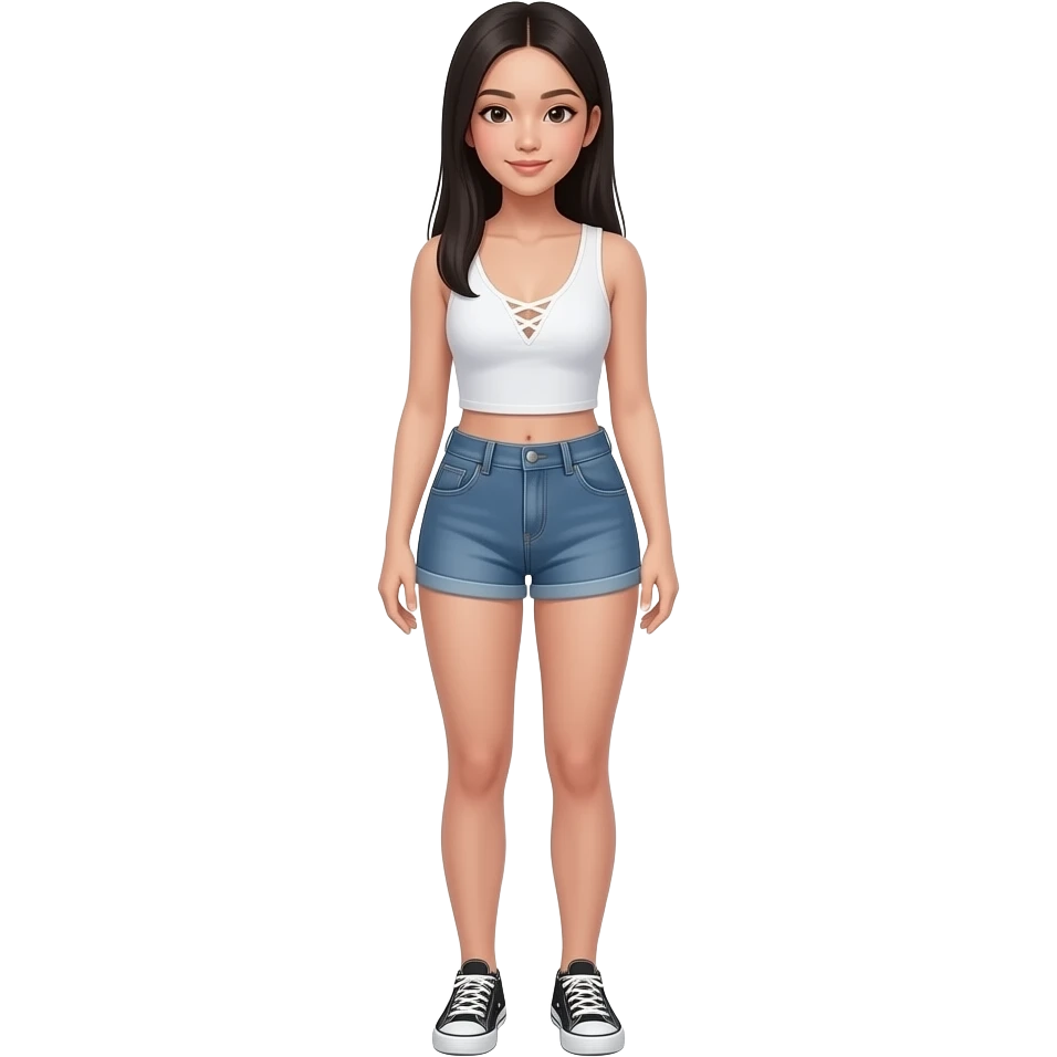 hyperrealist asian girl, long straight black hair, white v-neck laced crop tanktop, grey tight jean shorts, sneakers emoji