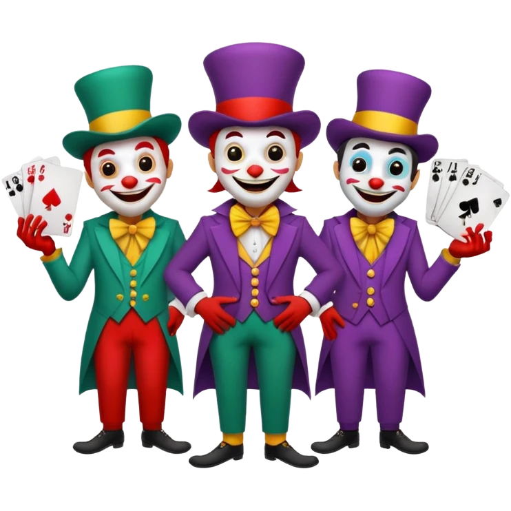 3 poker cards, with crazy colorful human jolly jokers inside, face and body only emoji