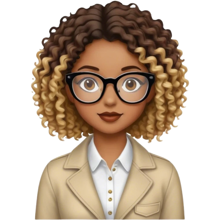 Girl with black glasses and slight smile with brown curly hair with blond highlights in a stylish outfit  emoji