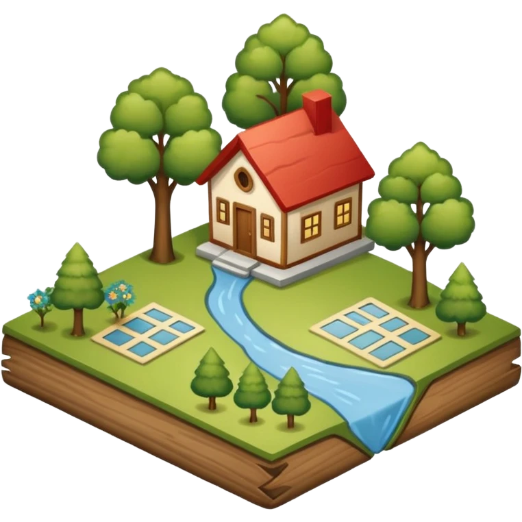 An icon featuring a local map, symbolizing local gardening. The design includes a different trees, and 1 tiny wooden house, representing the unique geography and culture of a specific area. Transparent background highlights the exploration of local history and environment. emoji