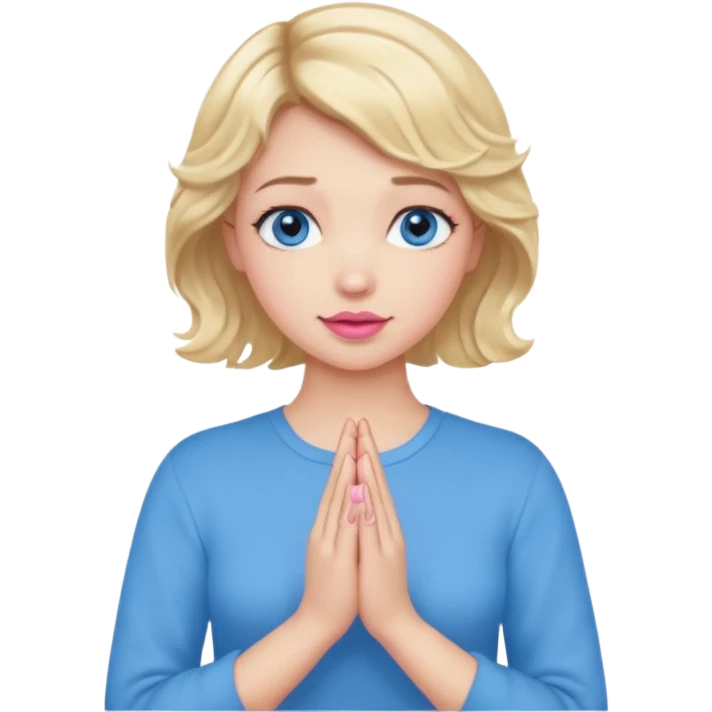 Girl Blonde short wavy hair,  blue eyes, cute blue top, long lashes, pink lips, praying hands emoji