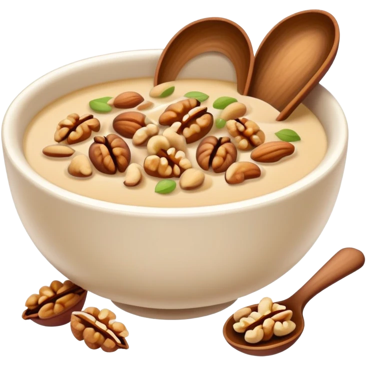 Walnut soup sweet dessert in bowl with nuts, simplified emoji style with bold outlines and bright colors, cartoon style Hetao Hu traditional sweet emoji