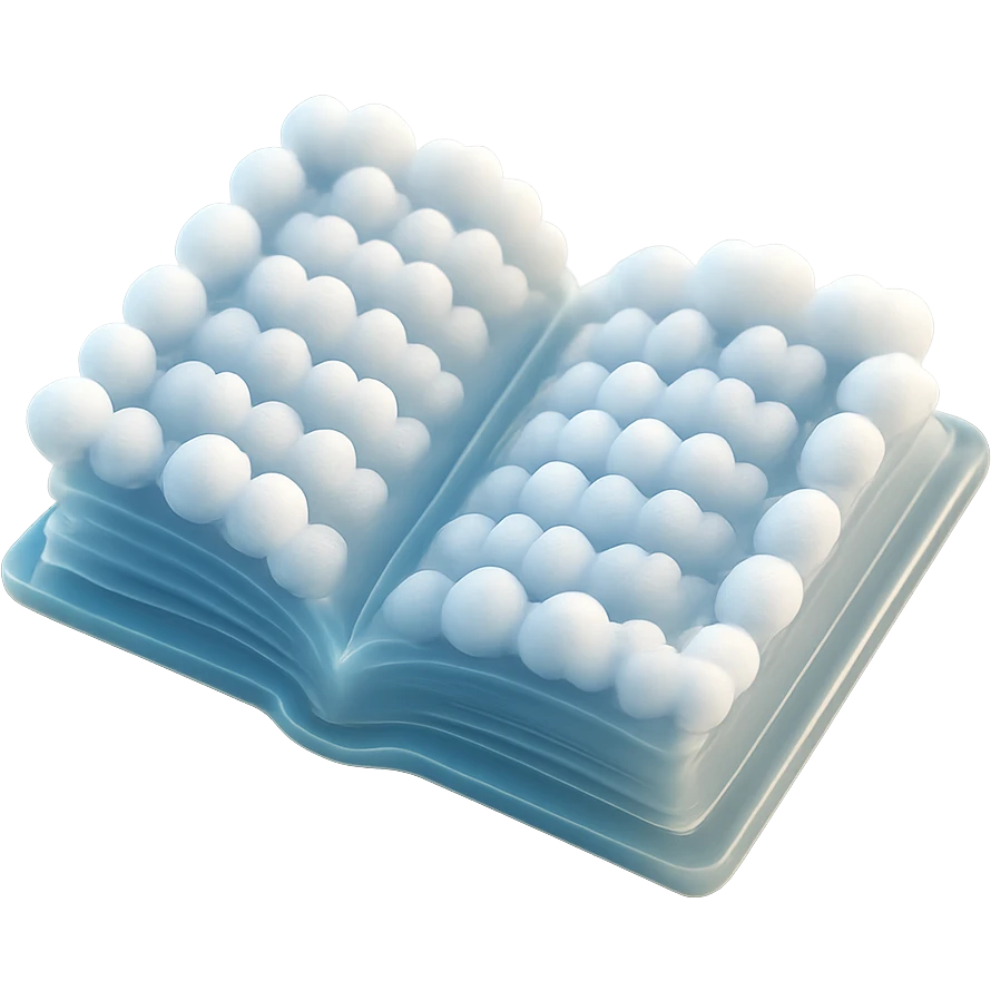 top view of a thick open book made entirely of small, very bright white fluffy convex clouds, matte glass style emoji