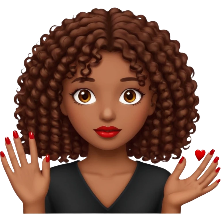 A girl with really brown curly hair n  with brown eyes , dark red lips and showing  red nails emoji