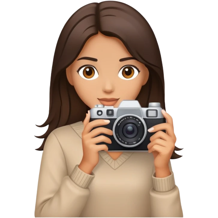 Brunette model with a camera emoji