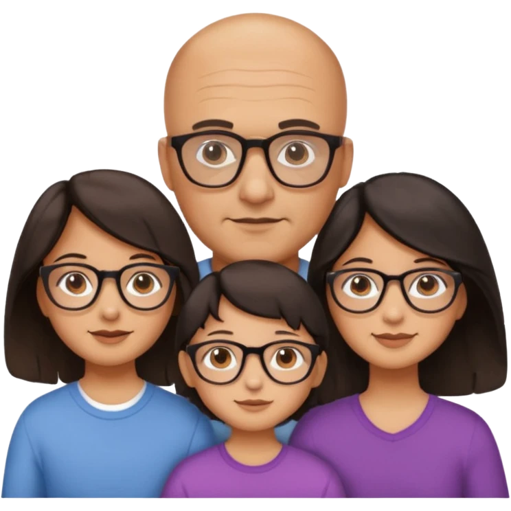Papà calvo con occhiali, mamma capelli neri occhi marroni no occhiali, figlia capelli marroni mossi e occhiali tartarugati con montatura spessa occhi marroni, figlia capelli lisci marroni occhiali neri con montatura grande e fina occhi marroni  emoji