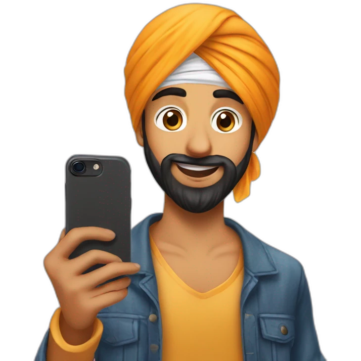 A Sikh boy clicking mirror selfie with iphone emoji