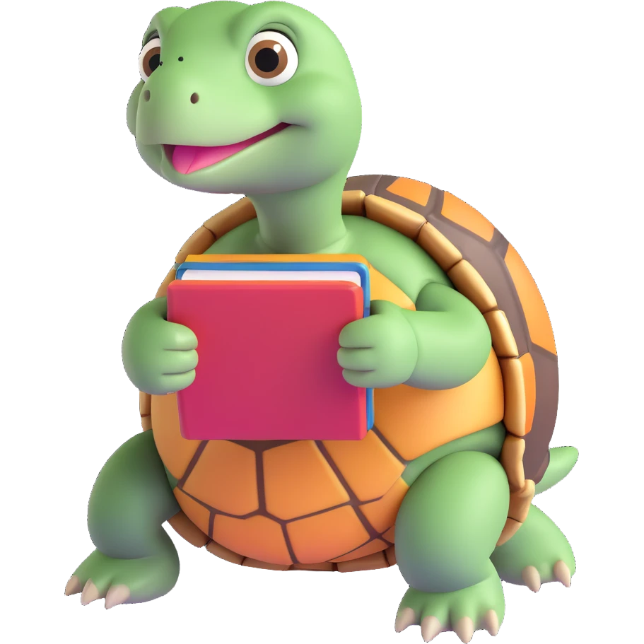 a tortoise holding a small book, looking curious and engaged, in a playful pose emoji