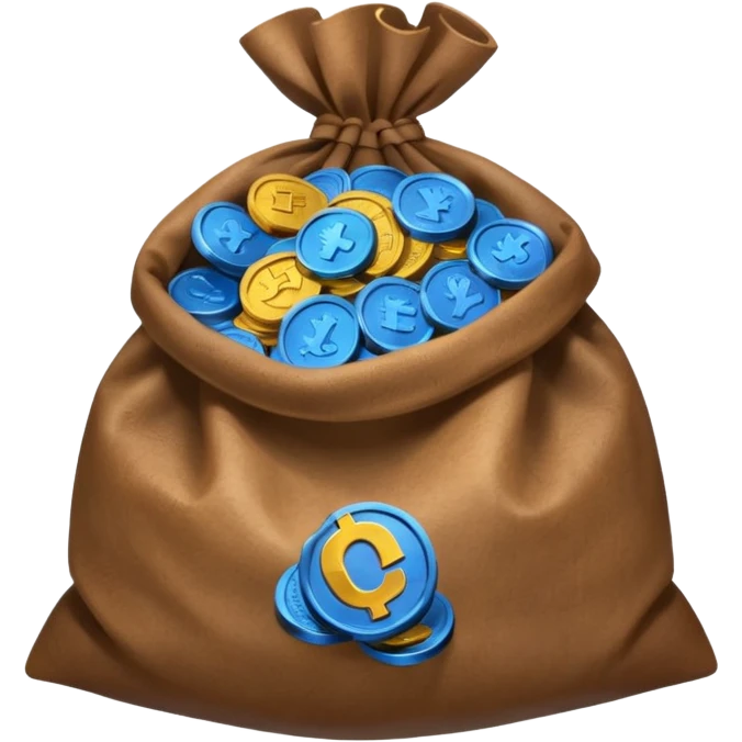blue coins inside an opened brown money bag  emoji