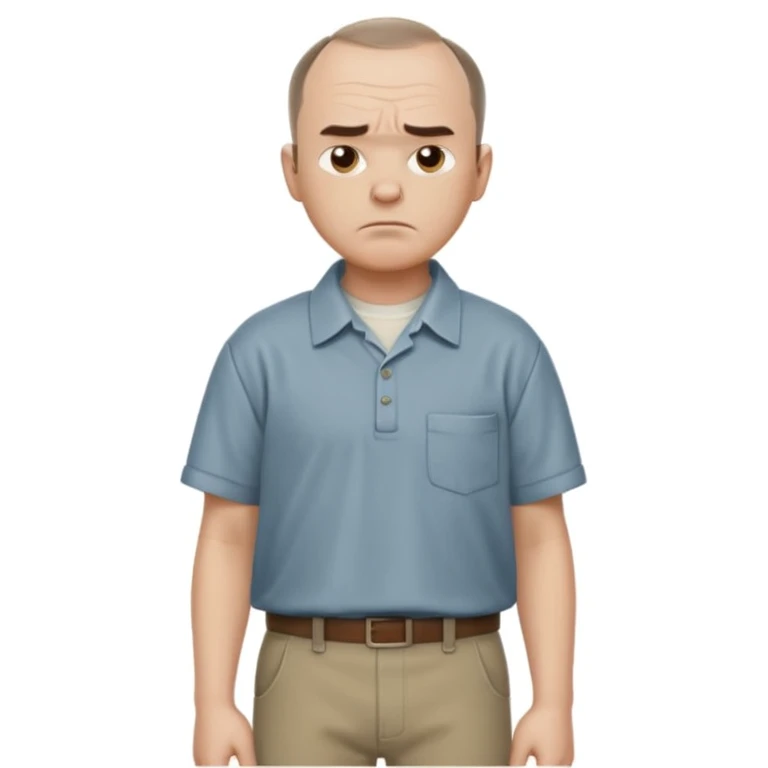 Carl from Sling Blade, serious expression, recognizable features, neutral background, full body, chin sticking out, slouching posture, no glasses, shirt with collar,  side view, the 4th image is good. show his entire body, he is standing. we see him from the side emoji