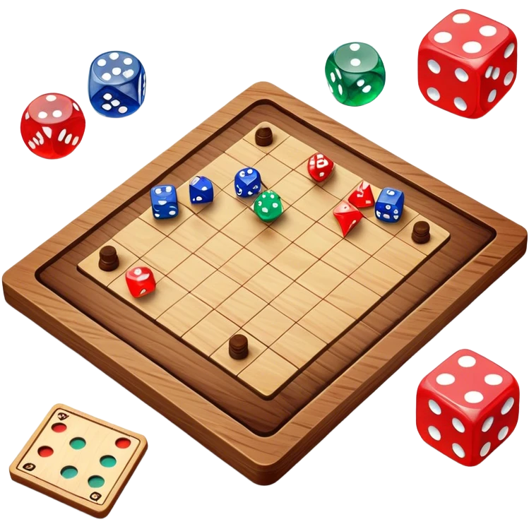 A photorealistic icon featuring a wooden board with a variety of game pieces, dice, a spinning top, and a set of colorful tokens. The design includes a rich, detailed texture of the board and game pieces, capturing the fun and strategy of different tabletop games. Transparent background. emoji