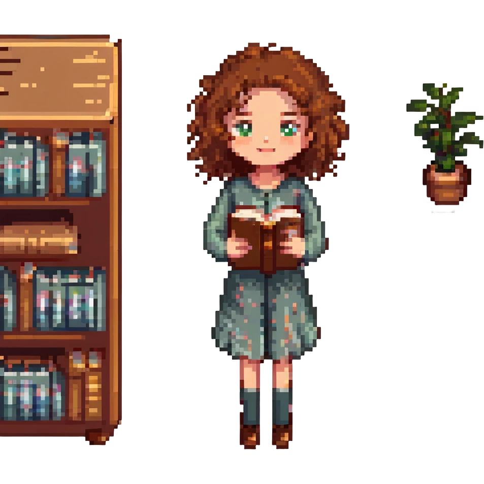 girl with brown curly hair and a book, pixel art style emoji