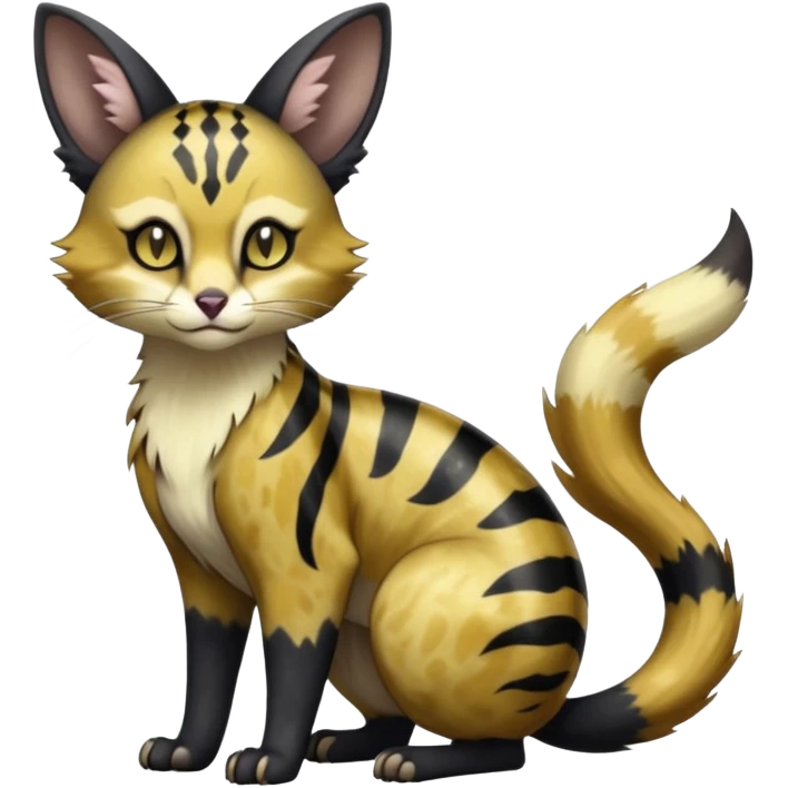 Hyper realistic  obsidian fur etched with molten gold fault-lines and dark mirror shine beautiful elegant pretty precious cute  Fakémon-Pokémon-opossum-feline-serval-caracal-chinchilla-Furret-Minccino-hybrid-creature with a big fluffy bushy tail (full body) emoji