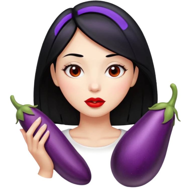 Girl with black hair sucking eggplant emoji