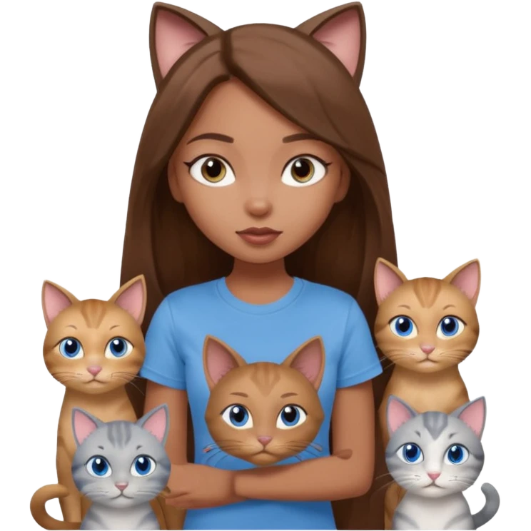 a pretty bratz dusky girl with long brown hair, blue eyes with six cats nd wearing a grey tshirt emoji
