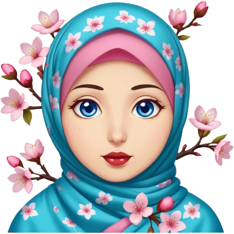 Turkish beautiful finish Konya girl blue eyes with cherry blossom floral hijab islamic dress and with yummy Drooling face emoji