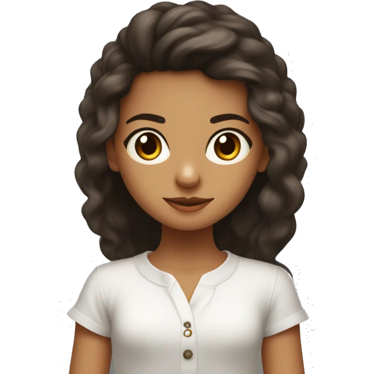 Niña de pelo largo color café oscuro, ojos cafes oscuros, camisa blanca,  que tenga una balaca roja con un moño, de piel blanca con pecas emoji