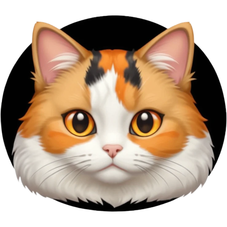 calico cat with small head, hazel eyes, and short but chubby body emoji
