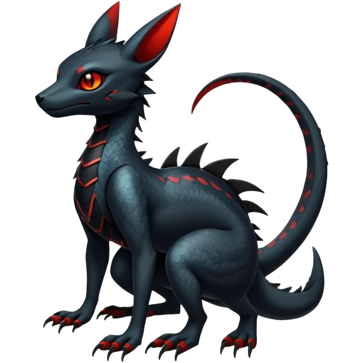 Sophisticated Modern Gothic Gloomy Futuristic Scaly Cyber-Salandit-Umbreon-Litten-Hybrid (Full body) emoji