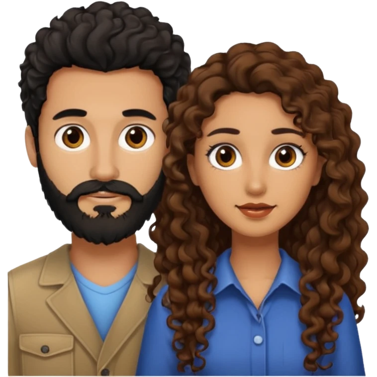 pareja de Mujer morena rizada cabello largo castaño ojos oscuros y hombre piel clara cabello negro con barba  y ojos marron emoji