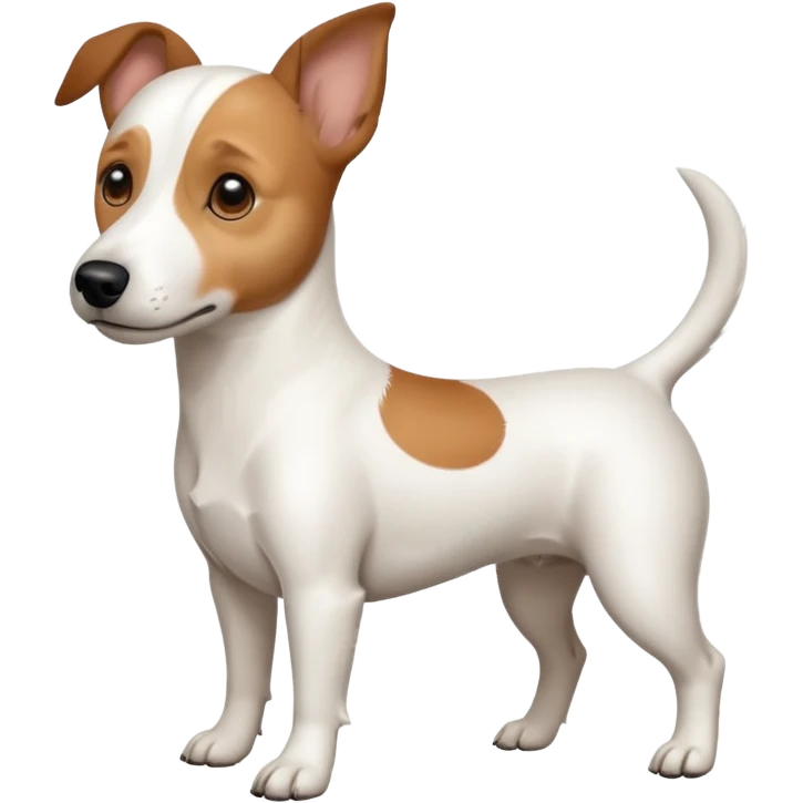 a full body white jack russel looking dog the size of a kelpie with light brown ears and a light brown patch on one eye, flopped down ears and a large snout emoji