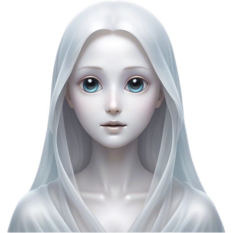Cinematic Noble Ghost Portrait Emoji, Ethereal and dignified, with a flowing, translucent form in silvery-white hues, wispy and majestic, and a calm, otherworldly expression with deep, thoughtful eyes, simplified yet sophisticated features, highly detailed, glowing with a soft, spectral radiance, high shine, exuding regal mystery and quiet authority, with a soft glowing outline that captures the essence of a ghostly guardian drifting from another realm! emoji