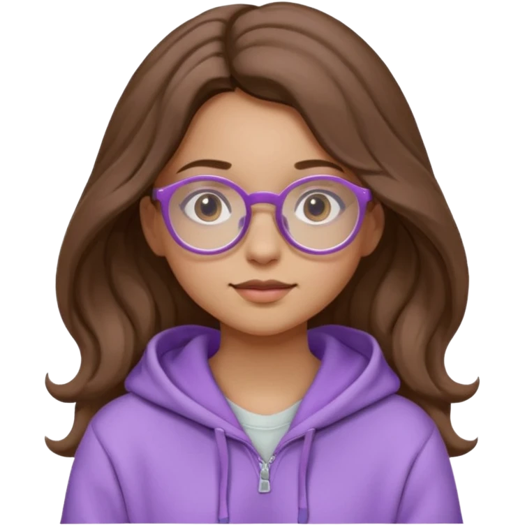 Chica de pelo largo y ondulado, con gafas redondas y expresión suave; viste una sudadera lila y transmite un estilo tranquilo y relajado. emoji