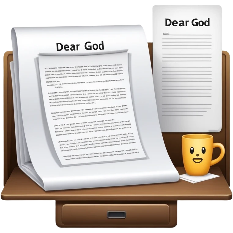 Desk with computer showing document that starts with "Dear God" emoji