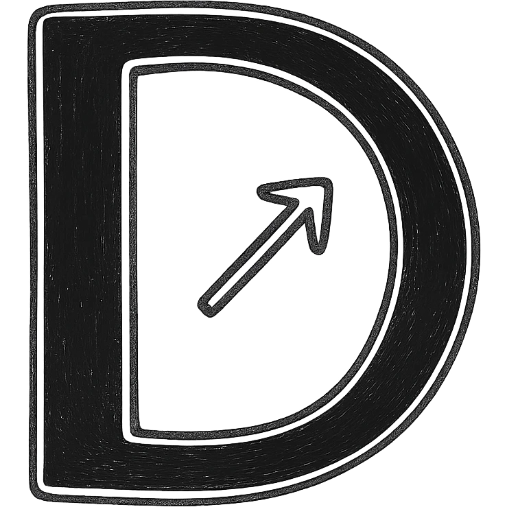 Flat, minimalist black letter "D" with thin white/silver outlines, containing a small diagonal right-pointing arrow (up-right direction) emoji