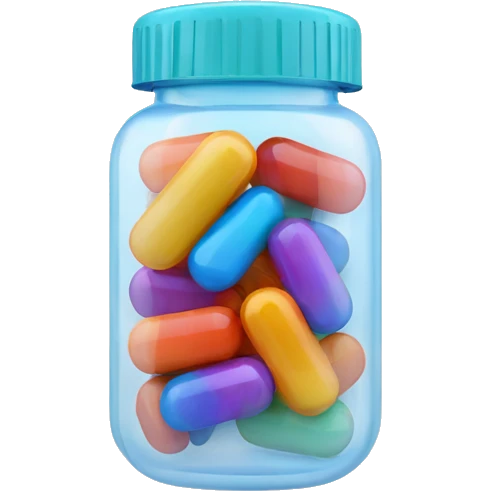 Small translucent plastic container with colorful pills inside emoji