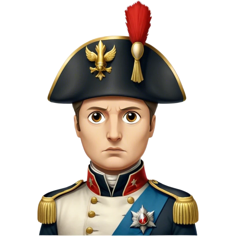 Cinematic Realistic Napoleon Bonaparte Portrait Emoji, depicted as a commanding military leader with a determined gaze and iconic bicorne hat, rendered with dramatic textures and bold historical lighting that captures his imperial legacy. emoji